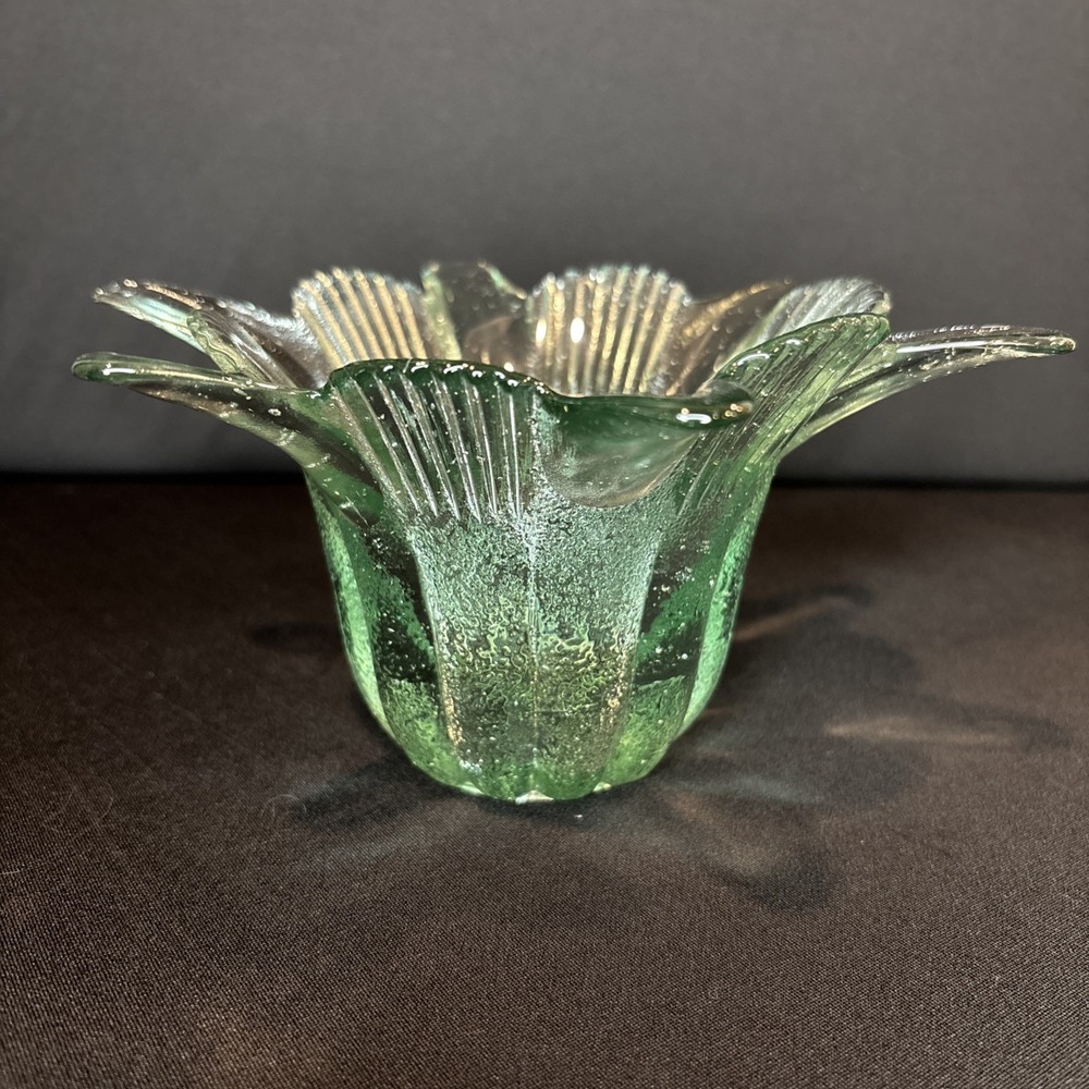 Flower Petal Glass Bowl Green Tint 100% Recycled Vase Lily Accent Made In Spain
